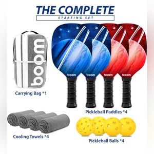 Boom Pickleball Starter Set - 4 Paddles, 4 Balls, 4 Sweat Towels With Carrier